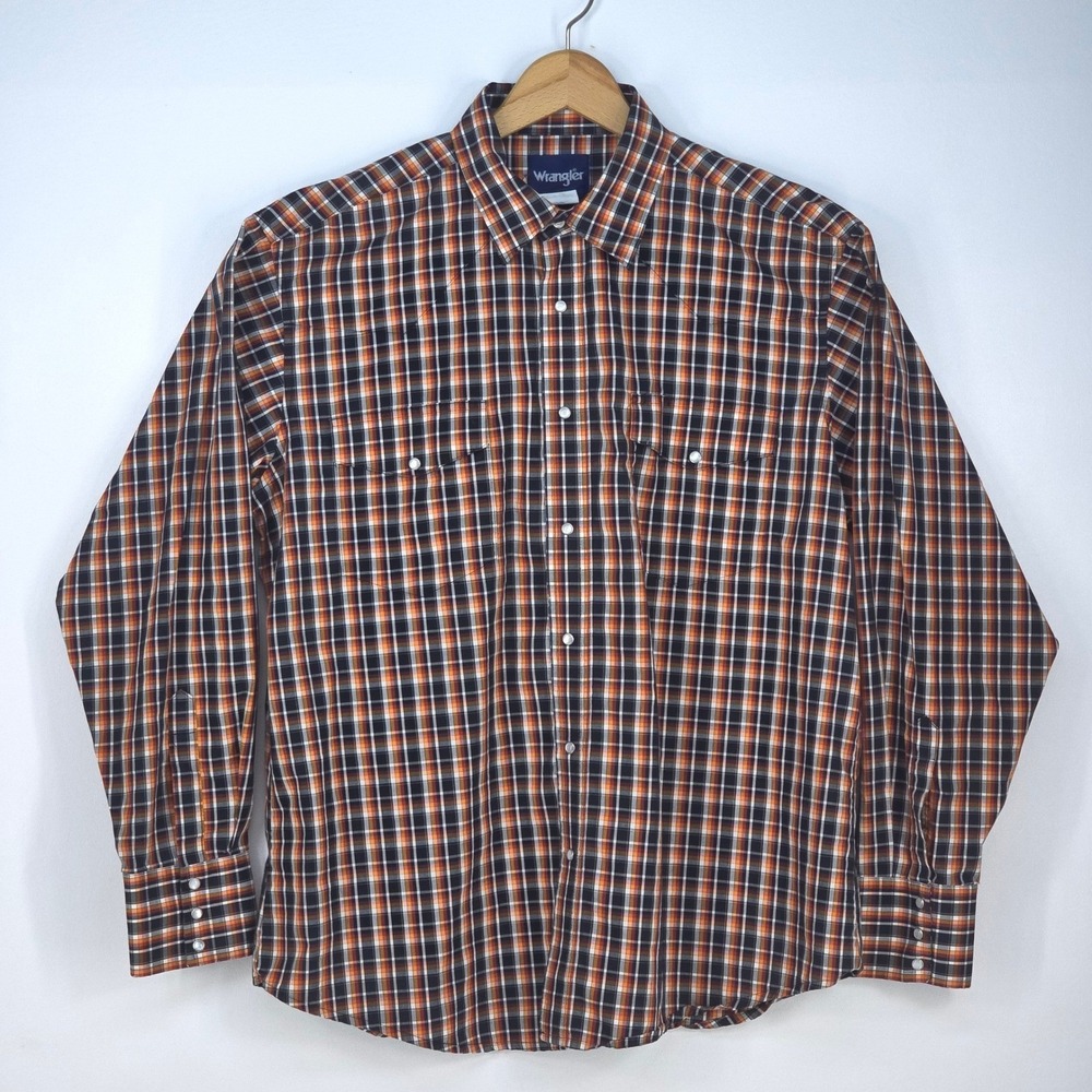 Wrangler Western Plaid Shirt Men's XL Orange Pearl Snap Long Sleeve Rodeo Cowboy